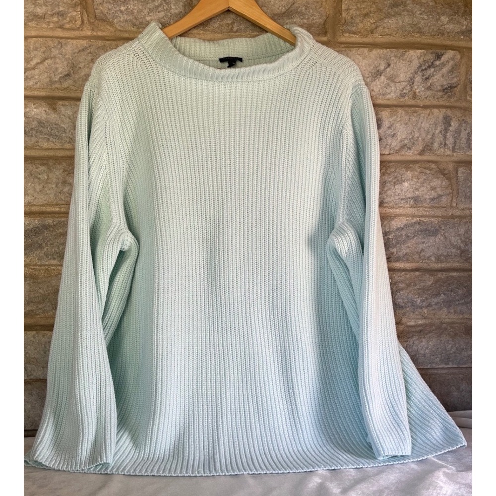 Talbots Plus Mint Green Ribbed Cotton Sweater 3X Long Sleeve Crew Neck Shaker